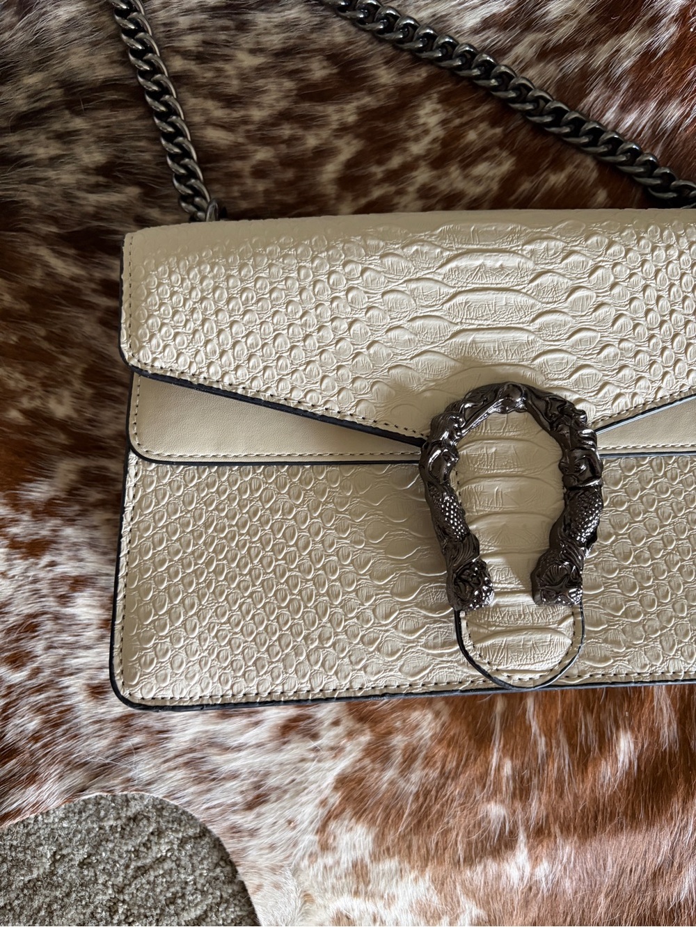 Cream Croc-Embossed Shoulder Bag with Gunmetal Hardware